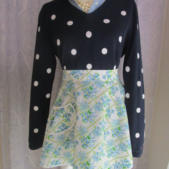 Vintage 50s 60s Cottagecore Handmade Cotton Lace Floral Print  Apron Light Blue - Picture 2 of 9